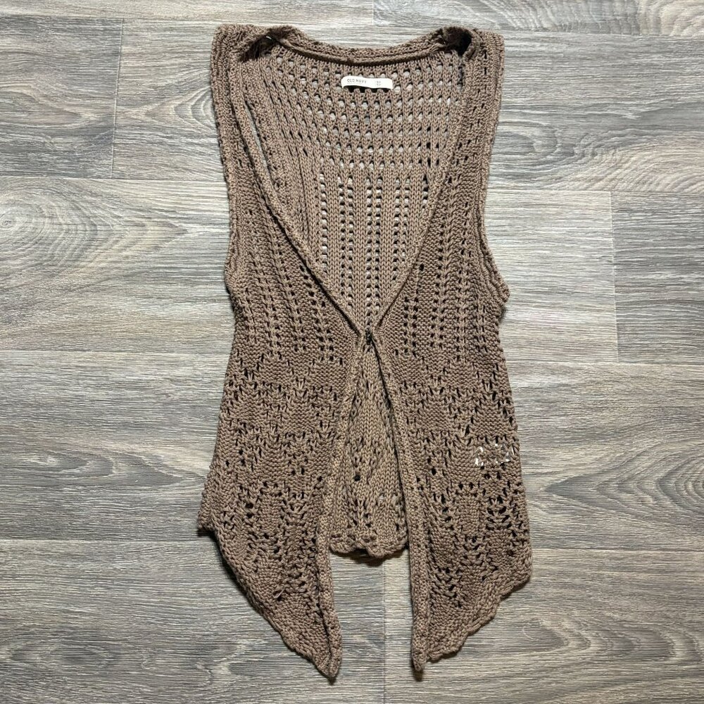 Old Navy XS Y2K Brown Open Knit Sleeveless Cardigan Vest Cotton 00s Hippie Boho